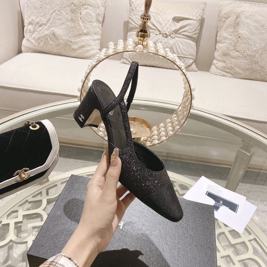 CHANEL slingback 6.5 glitter black grosgrain