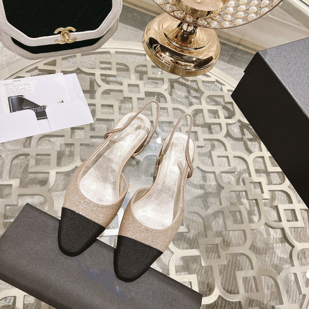 CHANEL slingback 2.5 glitter ligh pink black grossgain