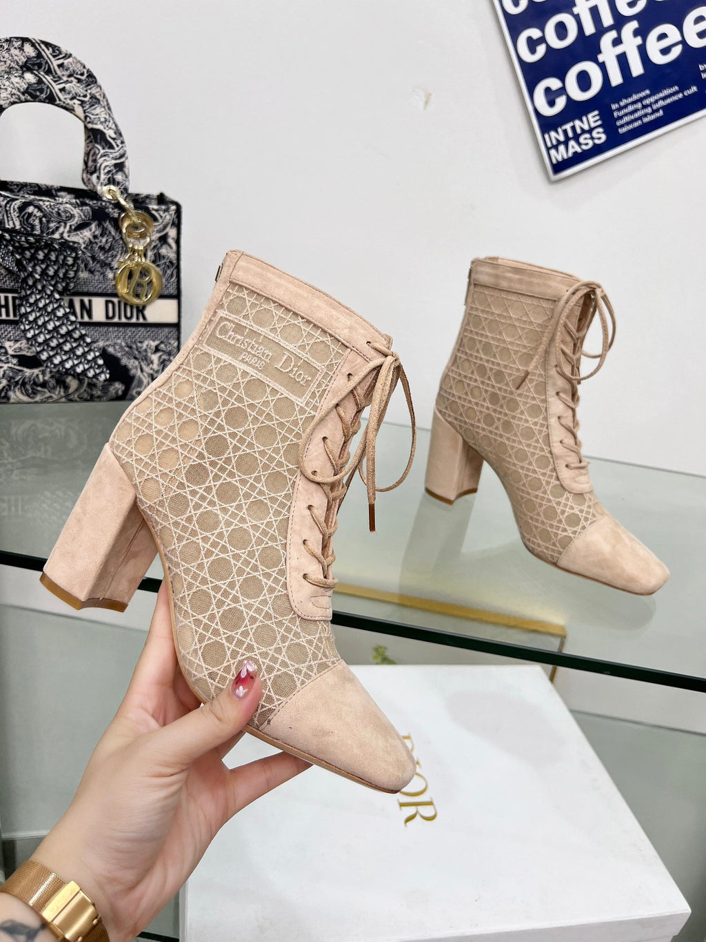 DIOR NAUGHTILY-D HEELED ANKLE BOOT IN BISQUE BEIGE CANNAGE MOTIF MESH AND SUEDE 8 CM