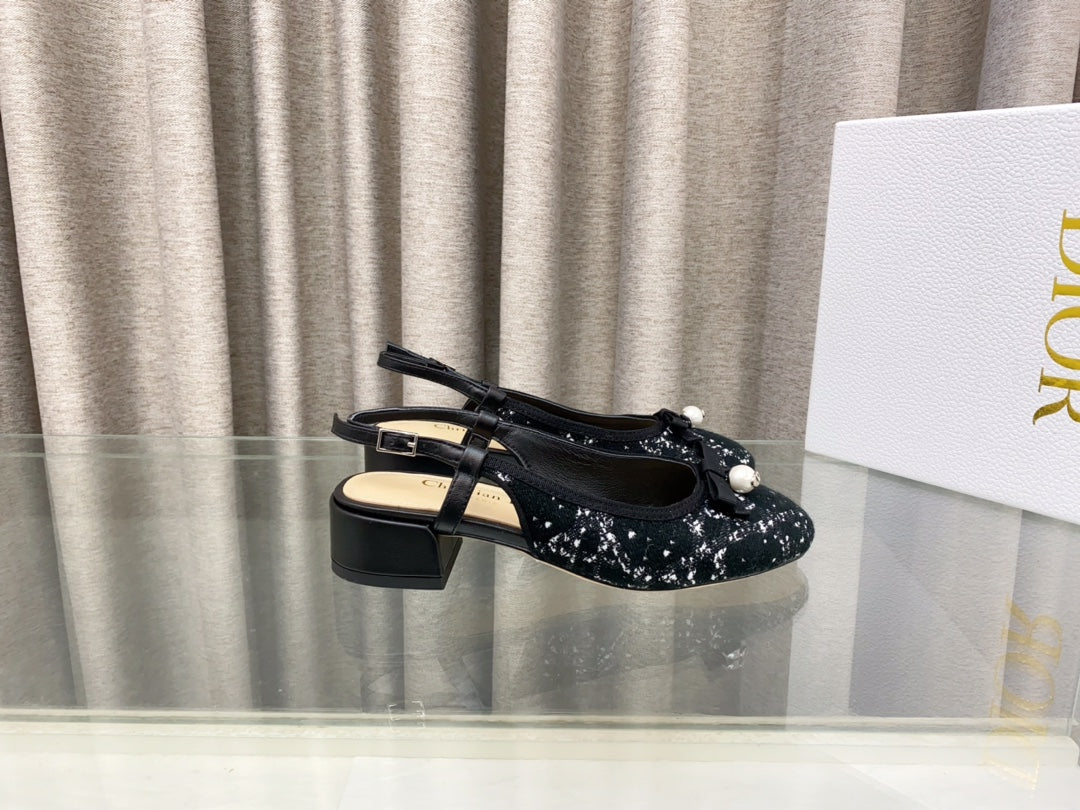 DIOR PEARL MARY JANE SLINGBACKS IN BLACK MIX WHITE TWEED 30 MM