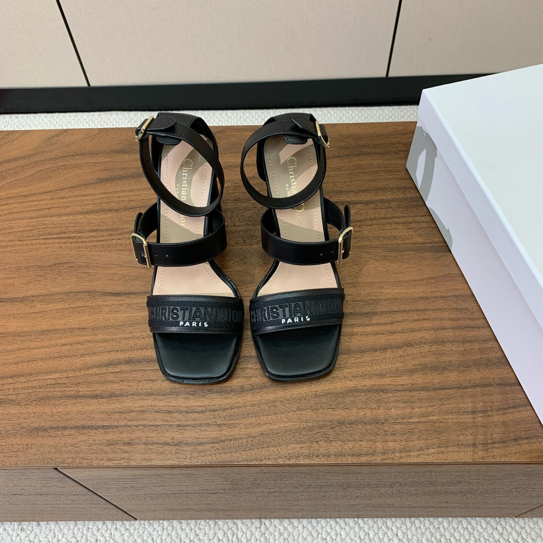 DIOR THREE-STRAP HIGH-HEELED EMBROIDERED SANDALS BLACK