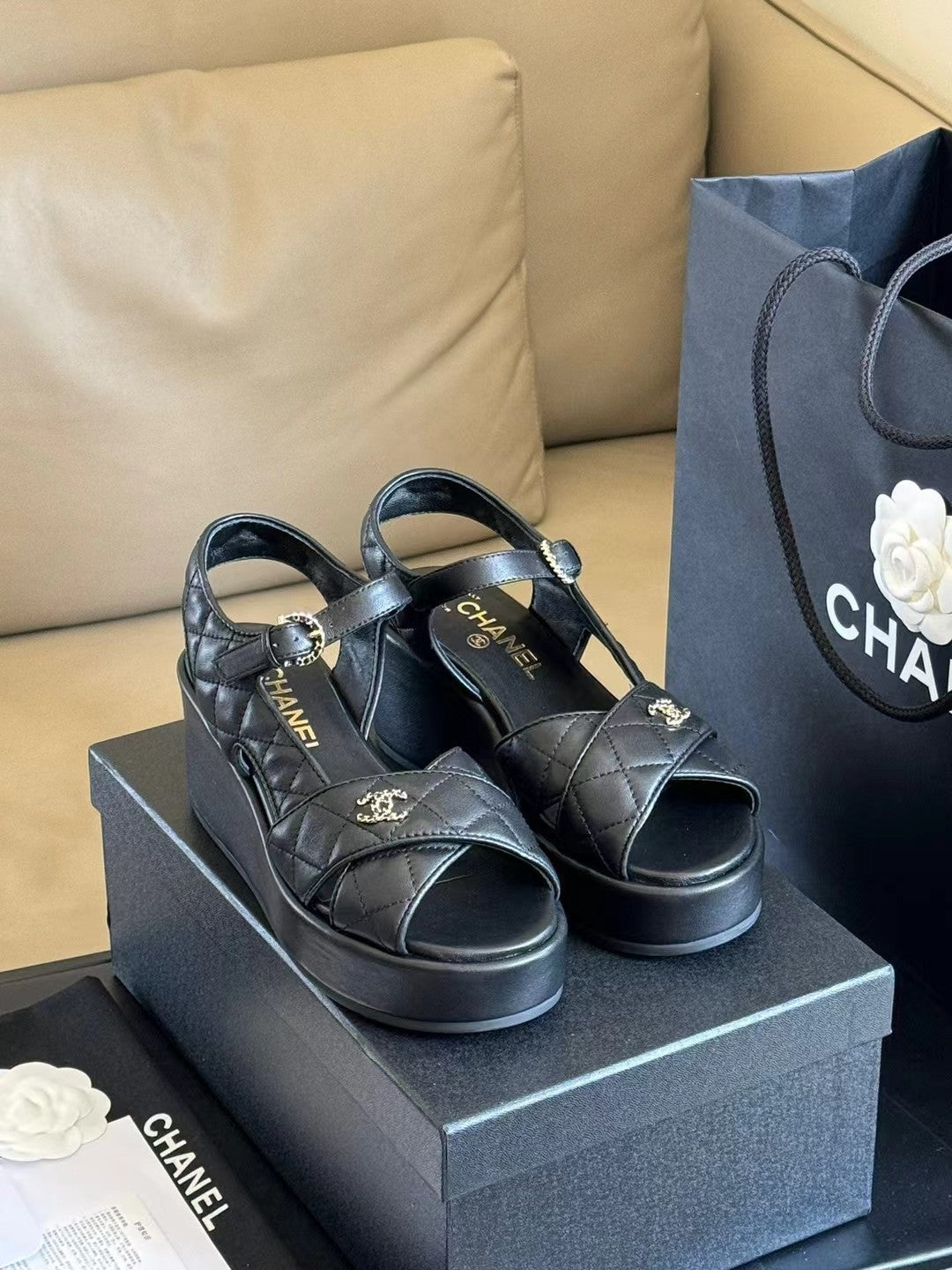 CHANEL CLASSIC WEDGE SANDALS IN BLACK LAMBSKIN