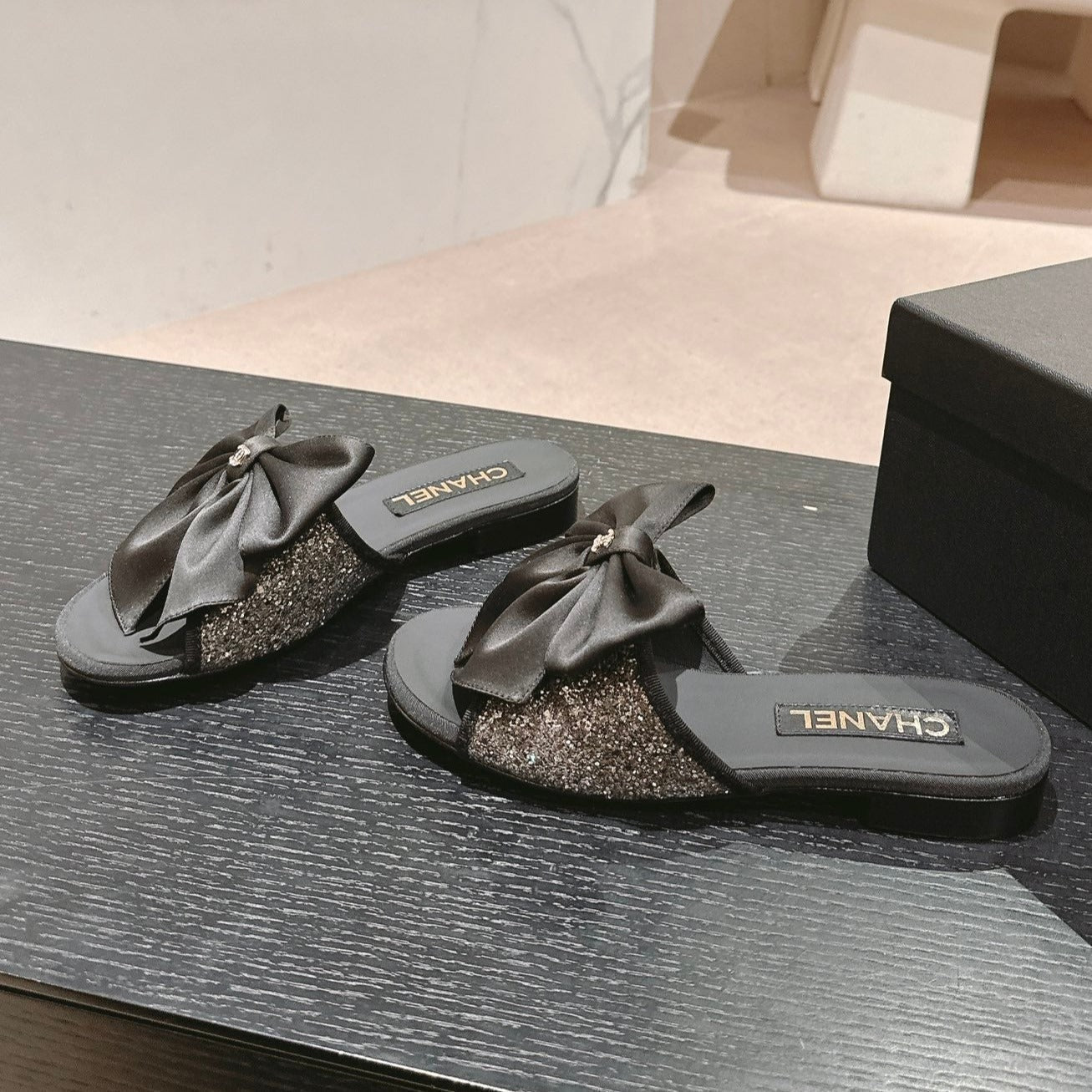CHANEL BOW LADY SLIPPERS BLACK LAMBSKIN WITH RHINESTONES