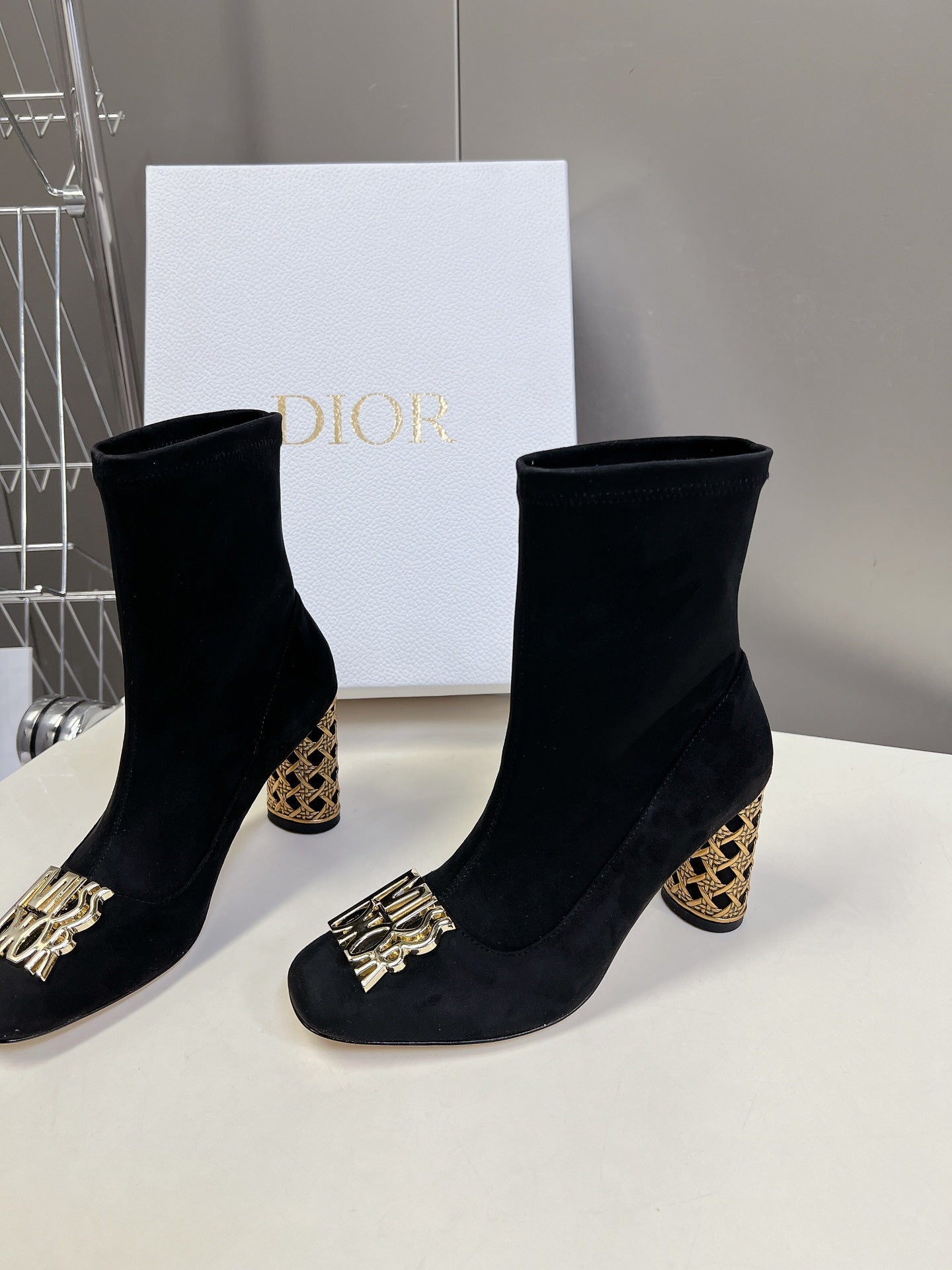 DIOR ICON HEELED ANKLE BOOT BLACK SUEDE 8 CM WITH GOLD LOGO
