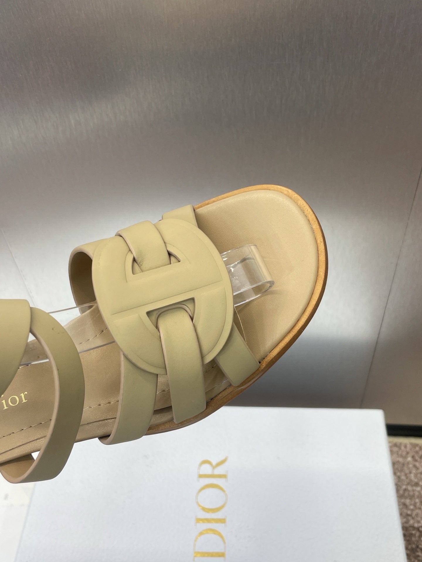 DIOR D-CLUB HIGH HEEL SLIDE 25S 55MM IN GOLDEN BEIGE CALFSKIN